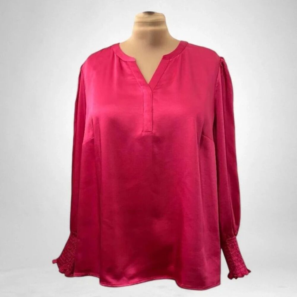 Sugarlips Henley Satin Long Sleeve Fuchsia Blouse, NEW! Size 3X